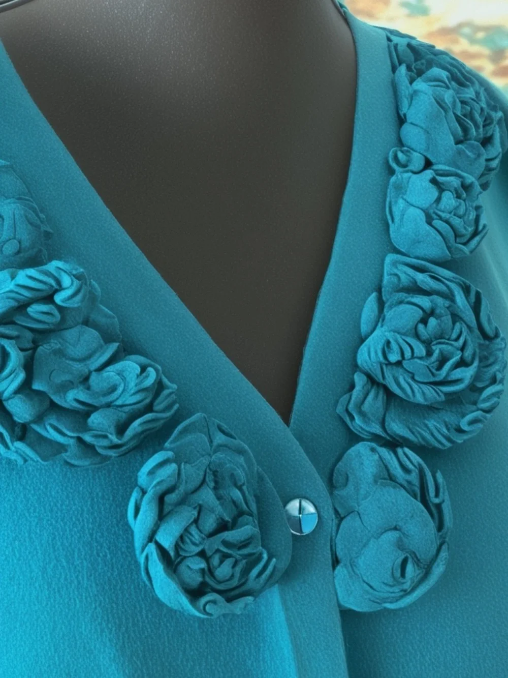 CJ Banks Teal Rosette-Trim Button Cardigan, 3/4 Sleeves, Button Front